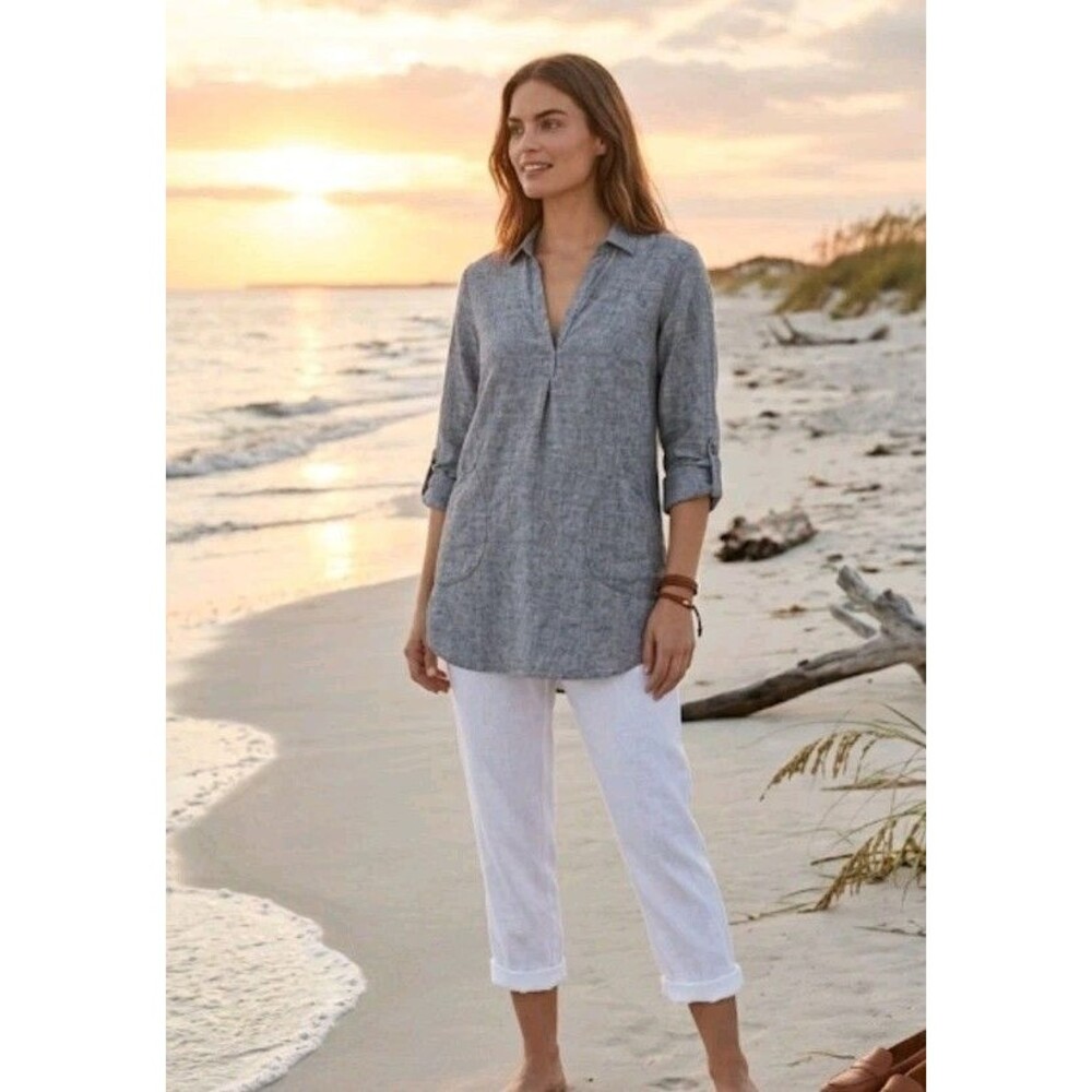 Forcynthia Beachwear Blouse Size M Front Pockets Linen Blend V Neck Grayish Blue